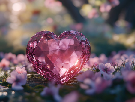 A crystalline heart rests amidst delicate pink blossoms, symbolizing enduring love and tender passion This breathtaking image captures the magic of Valentine's Day, perfect for cards or social media It evokes timeless beauty and cherished memories, representing heartfelt connection and romantic celebration AI Generativeの素材