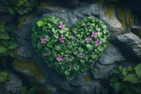 A heart-shaped artwork, exquisitely crafted from intertwined vines and flowers, symbolizes enduring love, loyalty, and nature's strength Vibrant and lush, it evokes deep affection and lasting commitment, ideal for anniversaries or expressing heartfelt connection A stunning portrayal of nature's artistry and the beauty of true love AI Generativeの素材