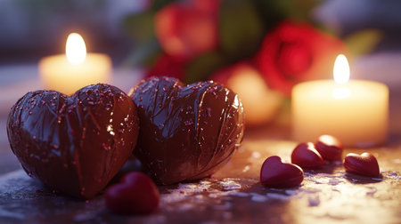 Savor a luscious Valentine's Day: heart-shaped chocolates and candlelight create a cozy, intimate ambiance Decadent treats and soft glows evoke romance and affection This image, rich in color and texture, is perfect for romantic celebrations and visual expressions of love Ideal for social media, cards, blogs, and websites AI Generativeの素材