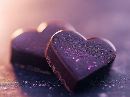 Indulge in a luxurious Valentine's Day Rich dark chocolate hearts and elegant d cor set a passionate scene Perfect for a romantic evening, this sensual celebration features gourmet treats, candlelight, roses, and a sophisticated atmosphere A perfect anniversary or date night, capturing love's sweet intimacy AI Generativeの素材