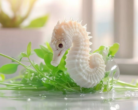 A poignant image captures a seahorse clinging to polluted seagrass, symbolizing the fragility of marine life Ocean pollution devastates seahorse habitats and biodiversity Urgent conservation efforts are needed Support ocean conservation initiatives to protect these precious ecosystems and countless marine species Learn how you can help AI Generativeの素材
