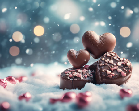This Valentine's Day, share the joy of exquisite dark, milk, and white chocolate hearts Delight in their rich flavors, beautifully presented like a snowy wonderland, symbolizing purity and affection Indulge in sweet romance and create unforgettable memories with these delectable treats a perfect expression of love AI Generativeの素材