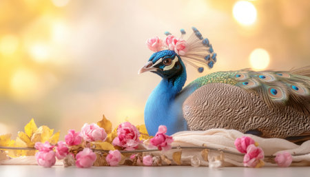 A vibrant peacock portrait blends traditional and modern styles Dynamic lighting illuminates its iridescent plumage against a soft, bokeh background Delicate pink roses and autumn leaves enhance the regal beauty This elegant piece, perfect for art enthusiasts and nature lovers, captures the exquisite detail and grace of the bird AI Generativeの素材