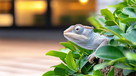 A close-up photograph reveals a chameleon's breathtaking color transitions and textured skin amidst lush greenery Its vibrant hues and intricate details showcase remarkable camouflage Expressive eyes and adaptable skin highlight this extraordinary creature's fascinating world A captivating glimpse into its natural habitat AI Generativeの素材