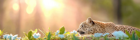 Dawn's soft light bathes a dense jungle where a magnificent leopard silently stalks its prey Its nocturnal instincts honed, the creature's power and grace are breathtaking Stealthy movement through lush foliage showcases the beauty of this apex predator in its natural habitat AI Generativeの素材