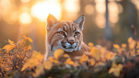 A breathtaking wildlife photograph captures a lynx's intense autumn hunt Golden sunset illuminates the vibrant foliage as the predator stalks unsuspecting prey during their annual migration Vivid colors and detail showcase the raw power of nature, creating an unforgettable visual experience of this dramatic moment AI Generativeの素材