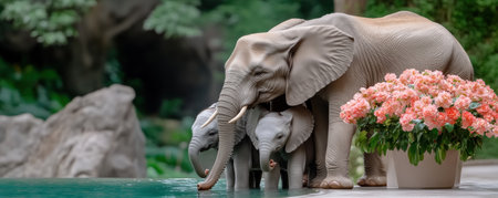 A mother elephant and her two calves gently drink from a lush savannah watering hole This heartwarming scene showcases the serene beauty of African wildlife, a tranquil family portrait amidst vibrant flora The image captures the majestic creatures' peaceful coexistence and the wonder of their family bonds in their natural AI Generativeの素材