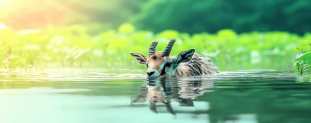 This digital artwork abstractly portrays a gazelle in a surreal, aquatic dreamscape Fluid shapes and vibrant colors capture its elegance and grace with a blend of realism and fantasy A modern, stylized interpretation of wildlife, perfect for art and nature lovers appreciating unique digital pieces AI Generativeの素材