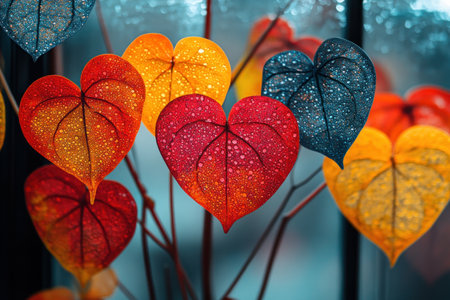Heart-shaped autumn leaves in vibrant red, orange, yellow, and blue evoke passionate love This heartwarming Valentine's image, perfect for cards or backgrounds, symbolizes warmth, mystery, and the beauty of nature's romantic artistry Share the touching essence of Valentine's Day with loved ones AI Generativeの素材