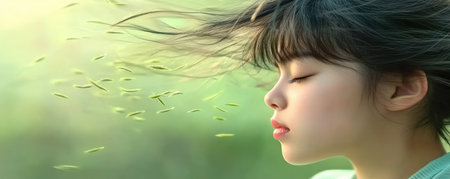 A surreal digital artwork portrays a human silhouette shrouded in swirling, greenish-yellow fog, abstractly representing nausea Hazy colors and shapes evoke queasiness and disorientation, transforming a subjective experience into a visually compelling and memorable statement on the power of artistic expression to convey intangible feelings AI Generativeの素材