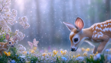 A digital painting depicts a serene, twilight forest Mystical deer and whimsical creatures with intricate, glowing markings inhabit this enchanted woodland Luminescent flora and fauna create a dreamlike, ethereal atmosphere within this magical, fantasy realm The artwork showcases breathtaking nature and intricate designs AI Generativeの素材