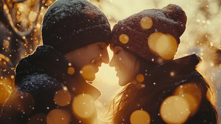 A snowy embrace captures the warmth of Valentine's Day love This tender image portrays a couple sharing a heartfelt moment, symbolizing affection and shared joy Perfect for cards, social media, or any romantic celebration, it expresses love's enduring power Charming gestures and gratitude fill this affectionate scene AI Generativeの素材
