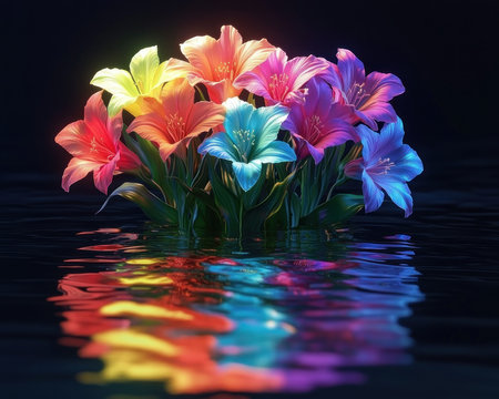 This Valentine's Day, celebrate enduring love with a vibrant lily bouquet Its breathtaking beauty, reflected in still water, symbolizes a strong romantic bond A stunning image perfect for cards, backgrounds, or expressing deep affection a testament to love's enduring strength AI Generativeの素材