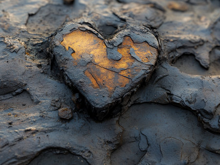 A delicate, sand-etched heart symbolizes enduring love Its fragility reflects the ephemeral nature of moments, yet the warm tones and textured surface convey deep, lasting emotion A poignant Valentine's image, perfect for cards or sharing the beauty of transient yet enduring love AI Generativeの素材