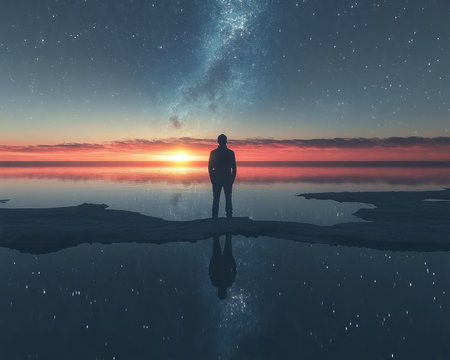 A wistful lover gazes at a breathtaking horizon, their heart aching with longing for an absent beloved This Valentine's Day artwork captures unrequited love, a poignant blend of romance and melancholy The vast starry night mirrors their emotional landscape, a powerful visual metaphor for yearning and distant dreams Perfect for AI Generativeの素材