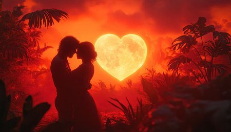 Escape to paradise with "Desire Valentine," a breathtaking high-resolution image A couple embraces under a glowing, heart-shaped moon in a tropical setting Perfect for Valentine's Day cards, romantic backgrounds, and digital art, this image captures the essence of love and intimacy Download now! AI Generativeの素材