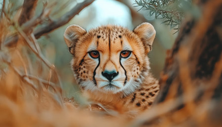 A breathtaking close-up reveals a cheetah at rest, its intricate fur patterns sharply defined The powerful gaze and unique markings of this magnificent feline are showcased in stunning detail This captivating safari wildlife photograph offers an intimate encounter with the grace and beauty of the African savanna's apex predator AI Generativeの素材