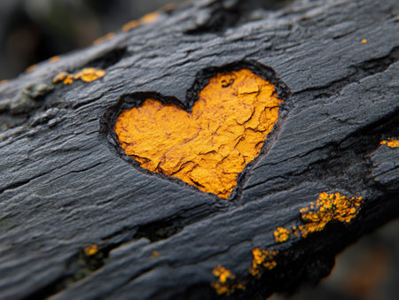 A golden heart, meticulously carved into weathered wood, symbolizes enduring love and unwavering commitment This Valentine's Day image evokes deep connection and lasting affection, its delicate detail representing a heartfelt bond Perfect for expressing cherished emotions and devoted wishes AI Generativeの素材