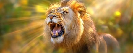 A majestic lion roars across a golden savanna, its raw power and beauty captured in a dramatic wildlife photograph This endangered species' vulnerable moment highlights the urgent need for conservation Explore the vibrant African ecosystem and witness the breathtaking wonder of this stunning image AI Generativeの素材