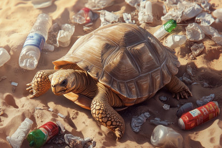 A desert tortoise, endangered and surrounded by plastic waste, embodies ecological imbalance The image showcases the devastating effects of human pollution on fragile desert ecosystems and threatened wildlife Urgent conservation efforts are vital to protect this vulnerable creature and restore the balance of nature AI Generativeの素材