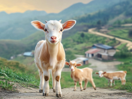 Idyllic rural landscapes showcase a sustainable livestock farm where goats, sheep, cattle, and more graze peacefully together on regenerative pasture High-quality photos capture the beauty of diverse animals coexisting, highlighting ethical, sustainable farming for a healthier planet and delicious food AI Generativeの素材