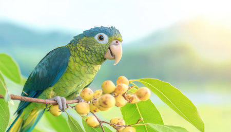 A vibrant exotic parrot, eyes expressive, perches gracefully on a lush tropical branch Its plumage bursts with color in this stunning wildlife photograph Exquisite detail captures the bird's unique personality, showcasing nature's artistry A breathtaking composition celebrating the beauty of exotic birds AI Generativeの素材