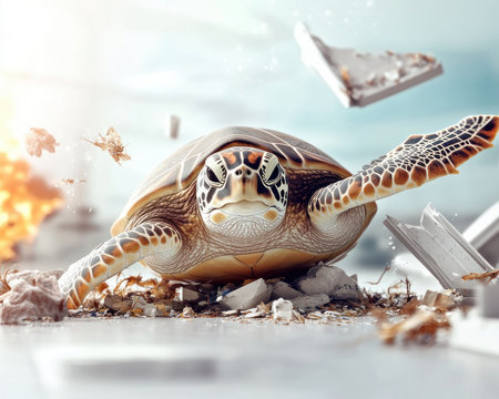 An endangered sea turtle, entangled in plastic debris near a vibrant coral reef, powerfully illustrates the urgent need for marine conservation Human activity's devastating impact on fragile ocean ecosystems is starkly evident Conservationists' presence underscores the critical role of human intervention to reduce plastic waste and protect marine wildlife Immediate AI Generativeの素材