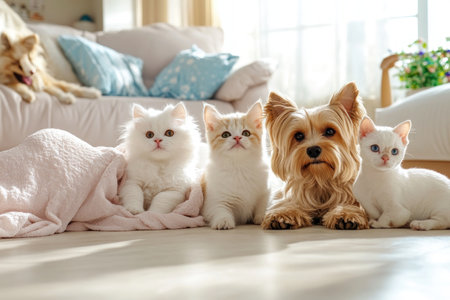 Adorable kittens and a fluffy Yorkie frolic joyfully indoors, their bond undeniable A sunny afternoon fills a safe, comfortable home as they playfully interact, showcasing the heartwarming benefits of a secure indoor space for cherished pets Their friendship and energy create a scene of pure domestic bliss AI Generativeの素材