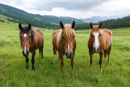 Majestic horses graze peacefully in a vibrant wildflower meadow, their serene beauty framed by a scenic mountain backdrop This tranquil landscape photograph captures the essence of freedom and natural beauty, offering a breathtaking pastoral scene perfect for equine lovers and nature enthusiasts seeking peaceful imagery AI Generativeの素材