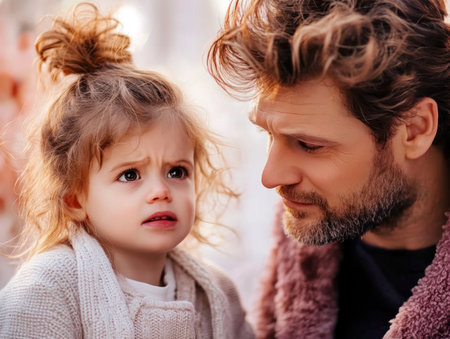 Warm light illuminates a tender scene: a worried parent soothes a child with a tummy ache Gentle touch and loving embraces convey comfort and reassurance, fostering a strong parent-child bond The atmosphere is peaceful and nurturing, offering healing and emotional support amidst the child's distress AI Generativeの素材