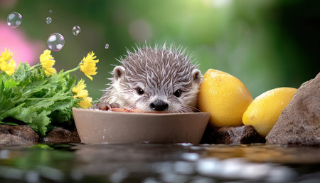 A charming portrait captures a playful baby otter luxuriating in a bubbly bath, surrounded by vibrant flowers and lemons This whimsical, high-resolution image, rendered in an adorable artistic style, is perfect for nature photography, wildlife art, or children's illustrations Its joyful energy appeals to all animal lovers AI Generativeの素材