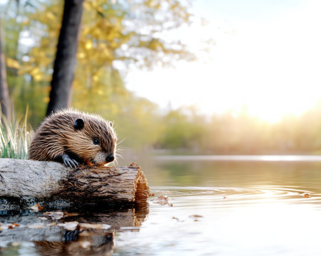 A tranquil river scene transforms as a beaver meticulously constructs a dam, its engineering prowess reshaping the habitat The industrious creature's work creates a thriving wetland ecosystem, a vibrant testament to nature's architectural marvel and the beaver's crucial role in biodiversity AI Generativeの素材