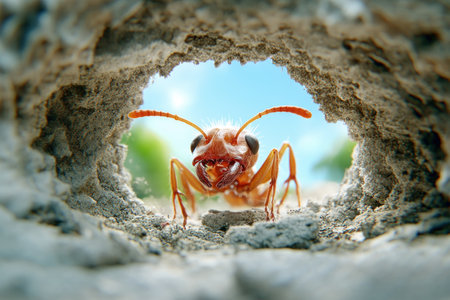Behold a bustling ant colony! Diligent workers carry food to their intricate underground nest, showcasing fascinating family dynamics and complex social structures Marvel at their engineering prowess, collaborative efforts, and the intricate details of their tireless daily lives This mesmerizing scene unveils the secrets of this tiny, mighty community AI Generativeの素材