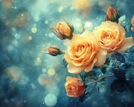 Exquisite yellow roses, delicate buds glistening with dewdrops, create a breathtaking Valentine's Day arrangement Perfect for expressing deep love and affection, this high-resolution image is ideal for cards, backgrounds, and social media Capture the essence of romance and showcase your devotion with this stunning floral masterpiece AI Generativeの素材