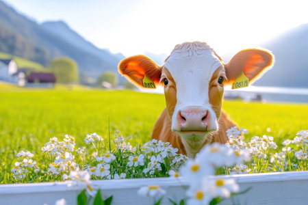 Picture idyllic pastures where happy, healthy cows graze sustainably Our eco-friendly dairy farm prioritizes animal welfare and biodiversity, using responsible breeding practices Discover high-quality milk produced ethically, in harmony with nature, ensuring a sustainable future for both cows and the environment AI Generativeの素材