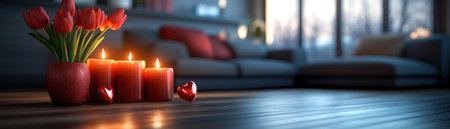 Candlelight softly illuminates a vase of vibrant red tulips, a classic Valentine's Day scene radiating passionate love The warm glow and rich color create an intimate, romantic ambiance perfect for expressing deep affection This image evokes heartfelt sentiments of togetherness and tender care, ideal for cards or social media AI Generativeの素材