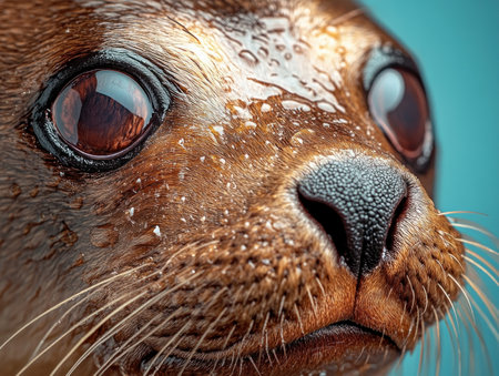 This high-resolution close-up reveals the exquisite texture and natural sheen of a seal's wet fur Intricate details are showcased, highlighting the soft, captivating gaze and expressive features of this adorable marine mammal Discover the natural beauty and remarkable detail of its coat AI Generativeの素材