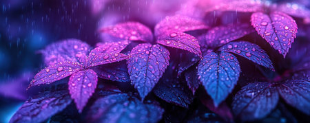 Rain-soaked purple leaves burst with vibrant color, their delicate textures highlighted by the gentle downpour Natural light filters through, illuminating the tranquil scene This breathtaking image captures nature's artistry, a calming symphony of hues perfect for nature enthusiasts and photographers alike AI Generativeの素材