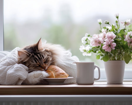 A serene cat rests peacefully in its owner's lap, radiating warmth and affection This heartwarming image captures the comforting bond between human and feline, perfect for evoking feelings of relaxation and companionship Ideal for websites, blogs, and social media, this high-quality photo is perfect for personal or stock use AI Generativeの素材