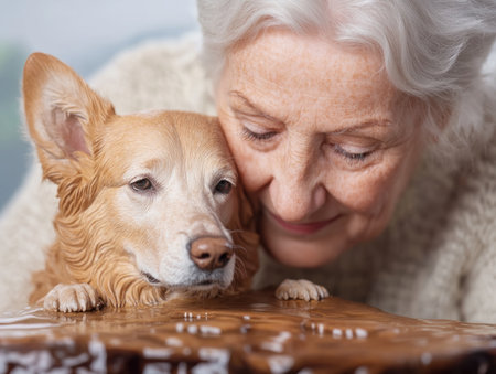 A heartwarming photo depicts an elderly person and their dog sharing a peaceful moment, embodying the deep, unwavering bond between humans and animals Their serene connection showcases unconditional love, companionship, and mutual trust The image highlights the therapeutic benefits of pet ownership for seniors, emphasizing the calming power of animal AI Generativeの素材