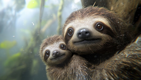 A heartwarming close-up captures an adorable sloth mother and baby clinging to a tree branch in their lush Amazon rainforest home This stunning wildlife photograph showcases the precious bond between them, highlighting the importance of sloth conservation and preserving their endangered species in their natural habitat AI Generativeの素材