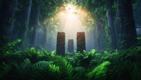 Adventurous hikers embark on a sustainable ecotourism journey through a lush, dense forest, uncovering mysterious ancient ruins on uncharted trails This thrilling expedition unveils nature's secrets, preserving heritage and exploring breathtaking scenery in the untamed wilderness Eco-conscious travel ensures responsible exploration of lost history and hidden gems AI Generativeの素材