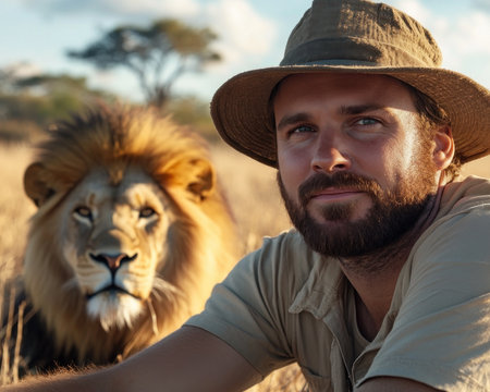 Embark on a thrilling, ethical safari adventure Capture breathtaking photos of majestic lions from a safe distance, promoting responsible ecotourism and wildlife conservation Explore the African savanna's raw beauty, witnessing the power and grace of these magnificent creatures firsthand Discover stunning images while supporting sustainable tourism AI Generativeの素材