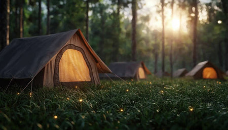 Escape to a lush meadow and experience sustainable tourism at its finest Eco-friendly, biodegradable tents offer comfortable camping with minimal environmental impact Breathe in the serenity of wildflowers and nature's sounds Embrace responsible travel and breathtaking landscapes Book your unforgettable eco-adventure today! AI Generativeの素材