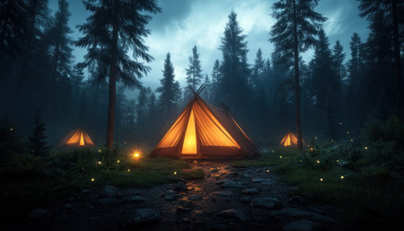 Escape to an eco-friendly paradise! Biodegradable tents await in a lush meadow, offering sustainable tourism at its finest Immerse yourself in breathtaking scenery and tranquility, embracing responsible travel that preserves our planet Leave only footprints book your unforgettable eco-adventure today! AI Generativeの素材