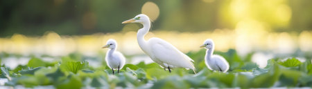Majestic migratory birds grace a lush wetland, symbolizing urgent conservation needs Their vibrant habitat highlights the interconnectedness of ecosystems and the crucial role of wetland preservation Witnessing their beauty compels collective action against habitat loss and climate change to secure their future and protect biodiversity AI Generativeの素材
