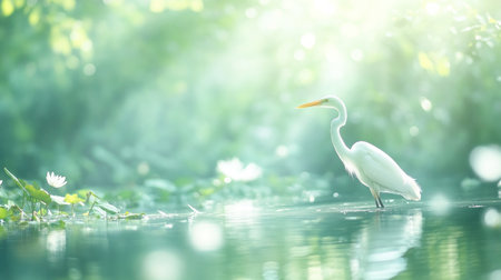 A majestic great egret, symbol of wetland biodiversity, graces shallows amidst vibrant reeds This serene scene highlights the fragile beauty of aquatic ecosystems, emphasizing the urgent need for wetland protection and responsible stewardship to preserve diverse avian life for future generations Wildlife and habitat are interconnected, demanding our care AI Generativeの素材