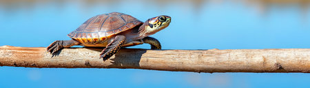 A sun-drenched turtle rests on a log in a vibrant wetland marsh, a powerful symbol of biodiversity This fragile ecosystem, crucial for diverse wildlife, demands urgent protection Conserving wetlands ensures the survival of species like this turtle, reflecting the marsh's health and resilience AI Generativeの素材