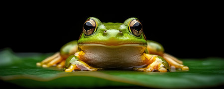 A vibrant green frog clings to a lily pad in a lush wetland, a potent symbol of biodiversity This close-up reveals intricate amphibian detail, underscoring the urgent need for wetland conservation Protecting these fragile ecosystems maintains ecological balance and secures a healthy planet for future generations AI Generativeの素材