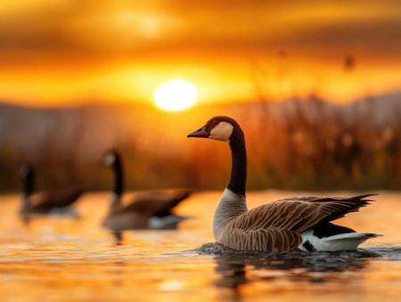 A breathtaking sunset paints migrating Canada geese in golden light over wetlands This scene symbolizes the urgent need for environmental conservation Habitat preservation and sustainable practices are crucial to protect wildlife, ensuring biodiversity and a thriving ecosystem for future generations Witness the beauty, understand the urgency AI Generativeの素材